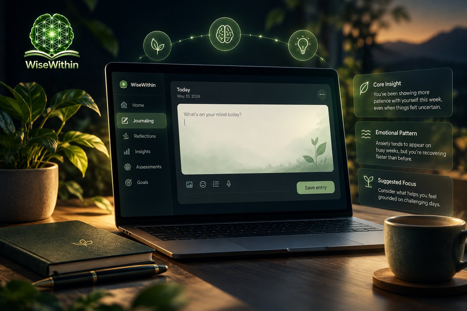 A calm digital journal screen with notes, reflection prompts, and soft green highlights