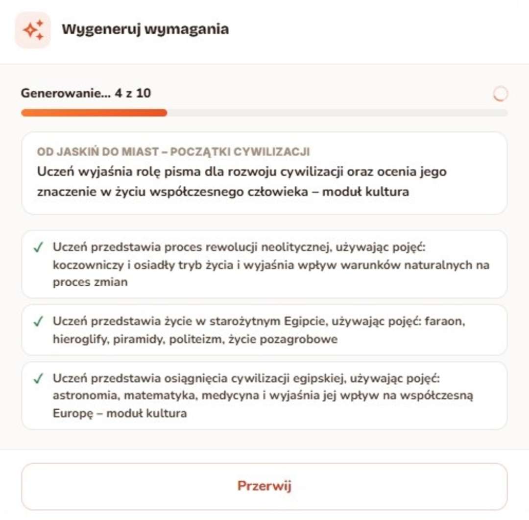 Przykład dialogu generowania wymagań w serwisie classter.pl