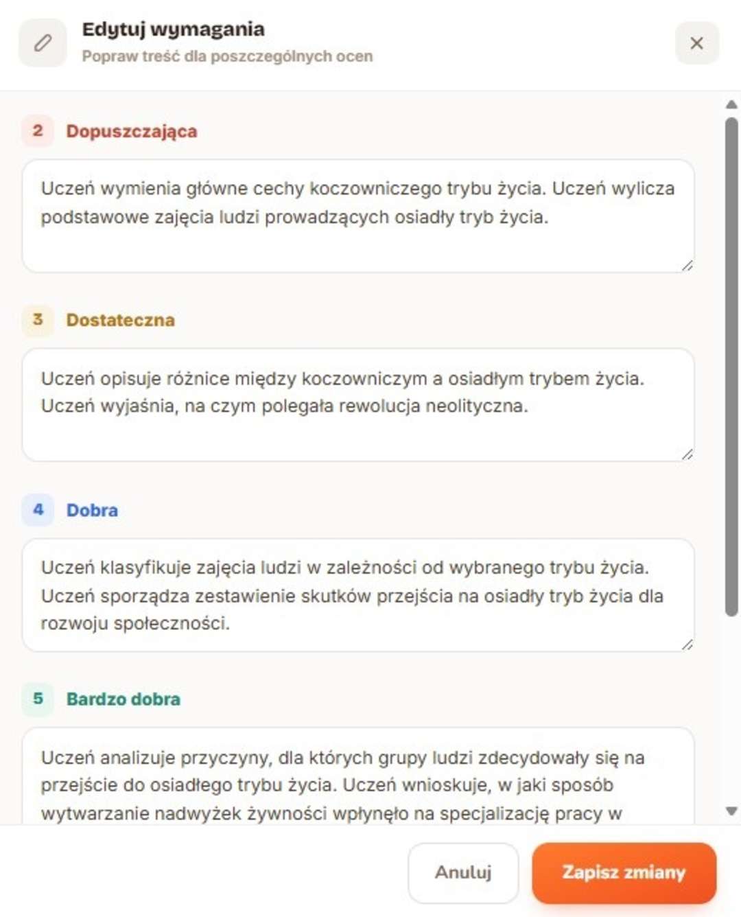 Zrzut ekranu dialogu z formularzem edycji wymagań edukacyjnych w serwisie classter.pl