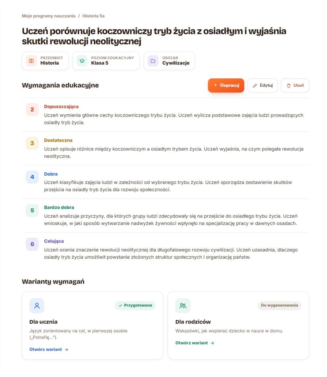 Przykład strony z wygenerowanymi wymaganiami w serwisie classter.pl