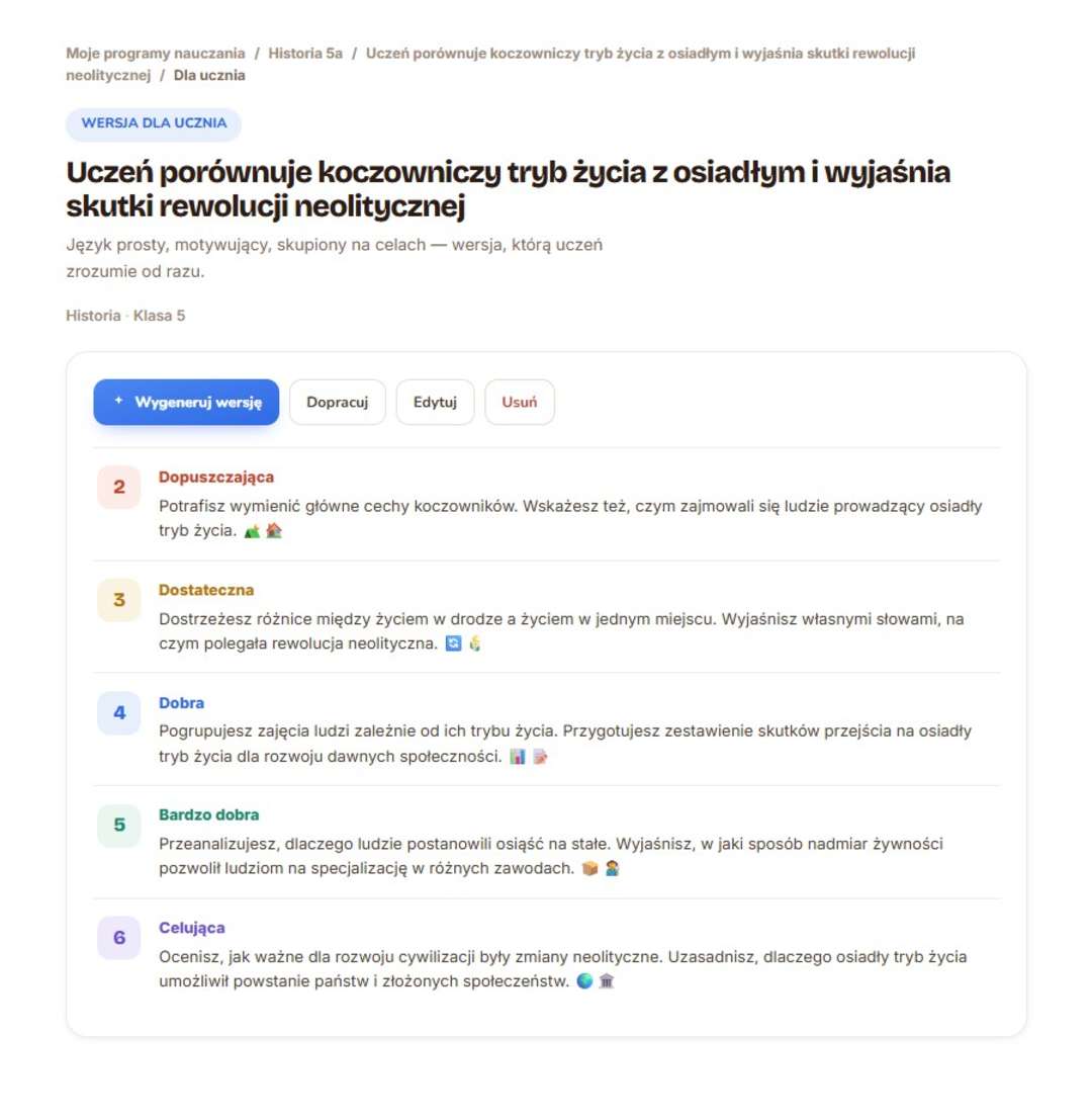 Przykład wymagań edukacyjnych w wariancie dla ucznia wygenerowanych w serwisie classter.pl