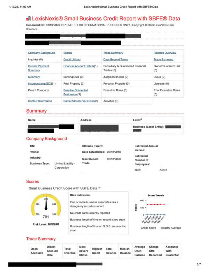 LexisNexis report with SBFE data (sample, identifying details removed)