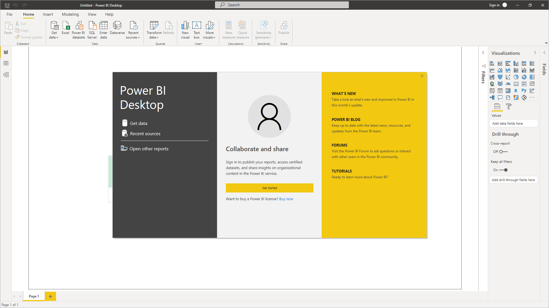 Power BI Desktop start screen