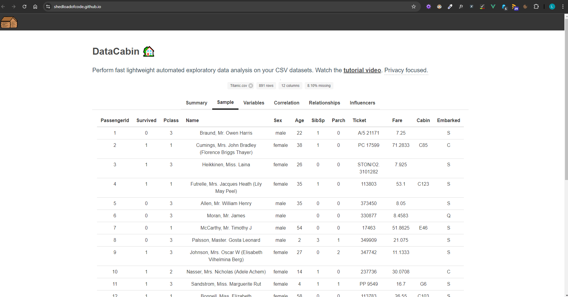 DataCabin app sample tab