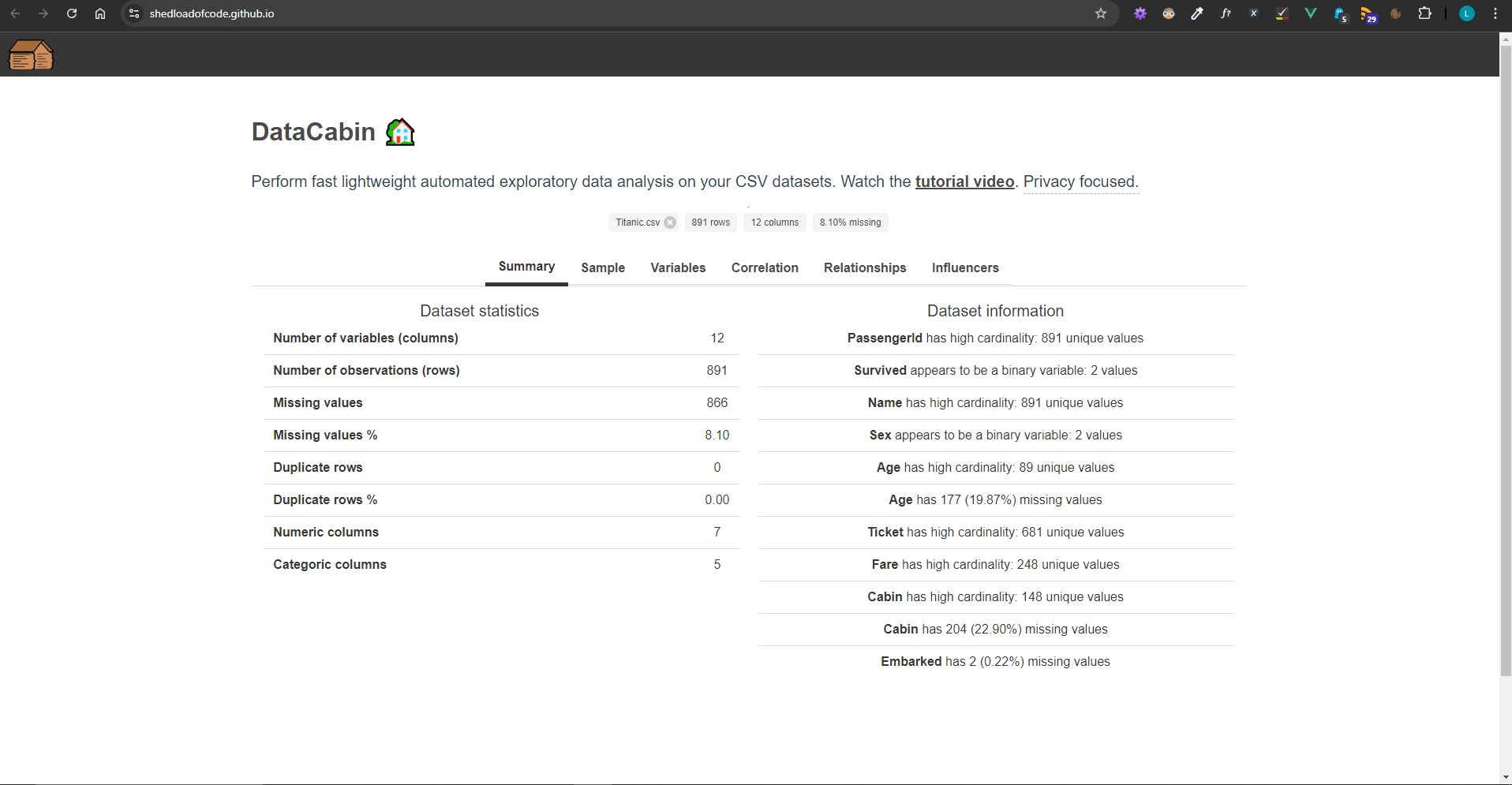 DataCabin app data summary tab