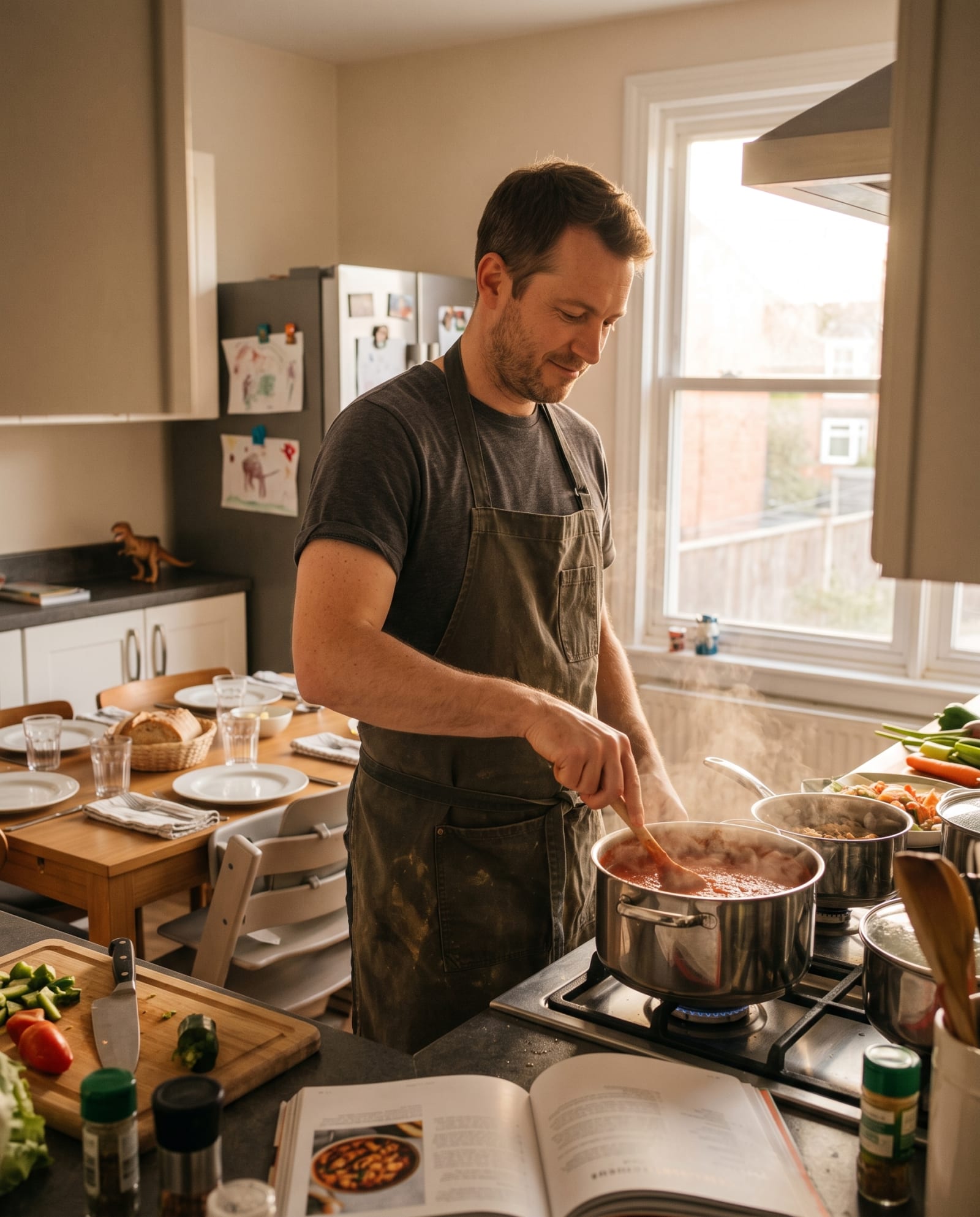 A man in an apron cooking at the stove, the table behind him already set for dinner.