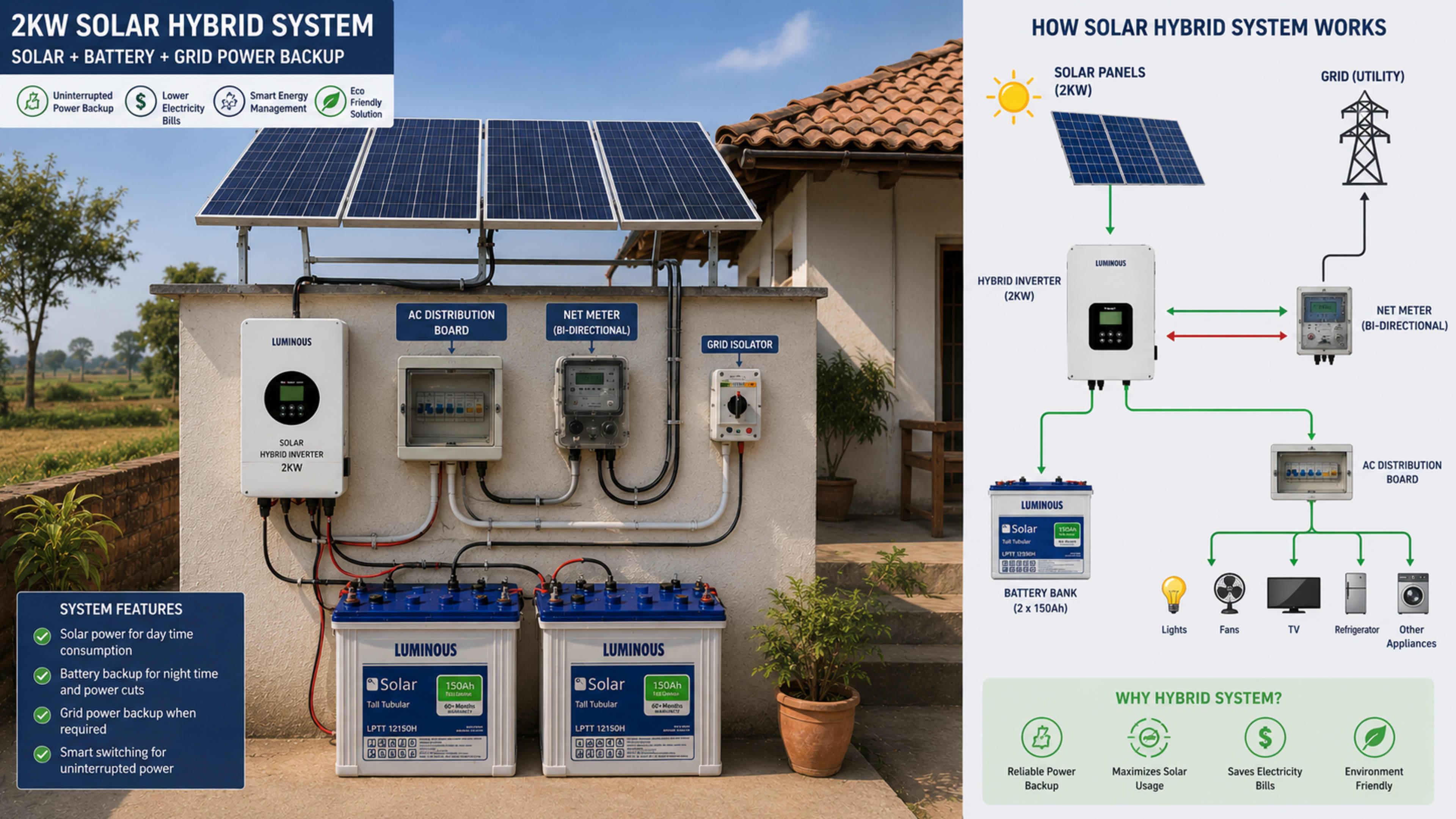 Solar hybrid system with battery and grid support
