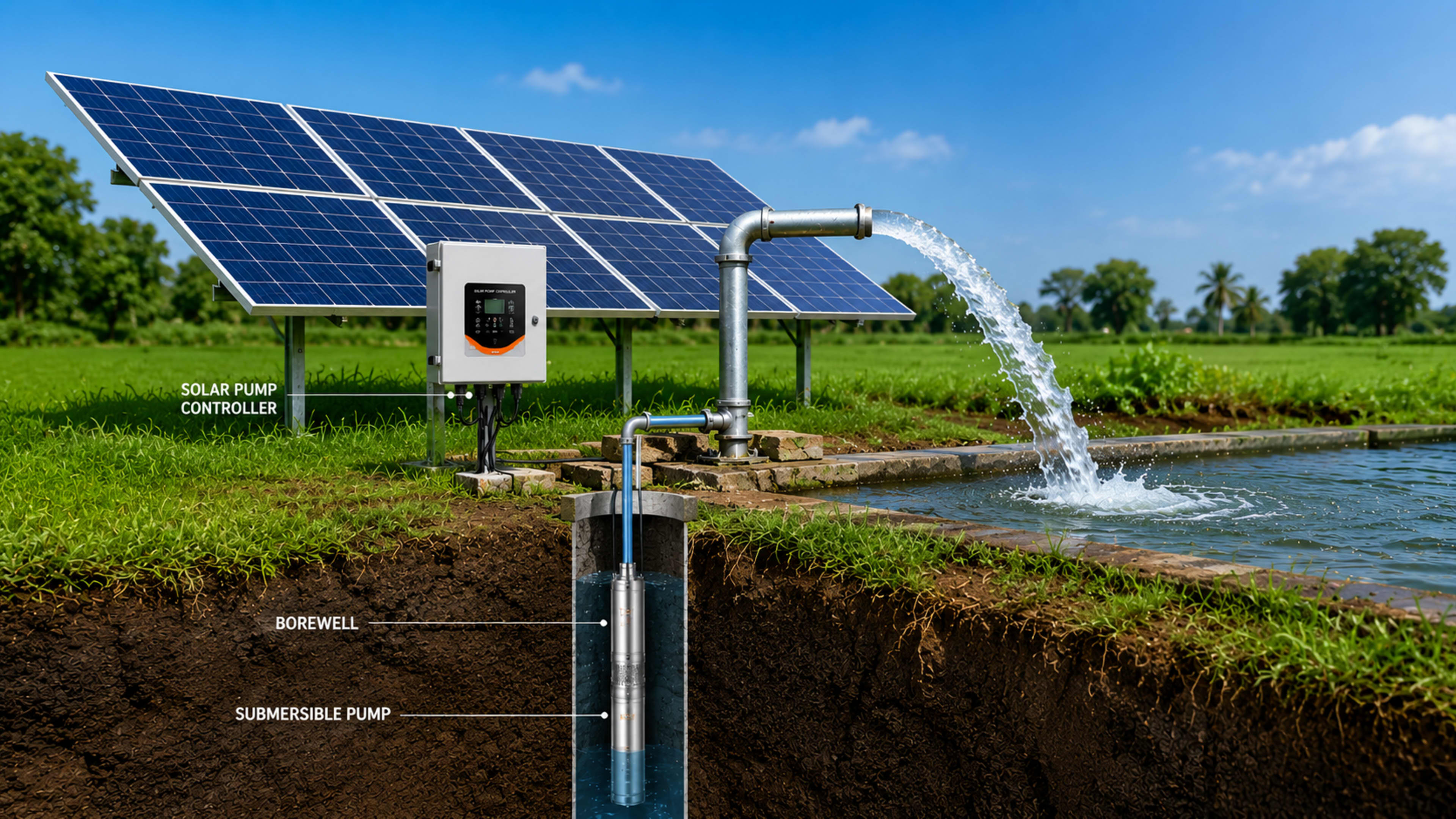 Solar pump system for agriculture and water supply