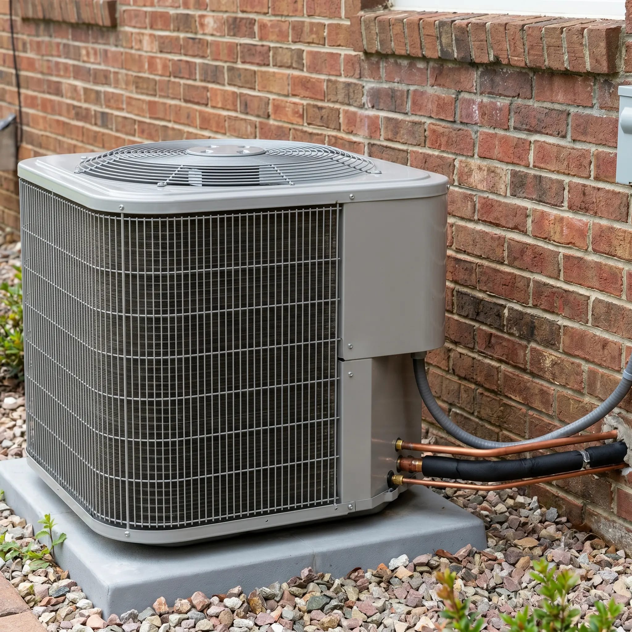 Outdoor air conditioning condenser unit being serviced at a Metro Atlanta home