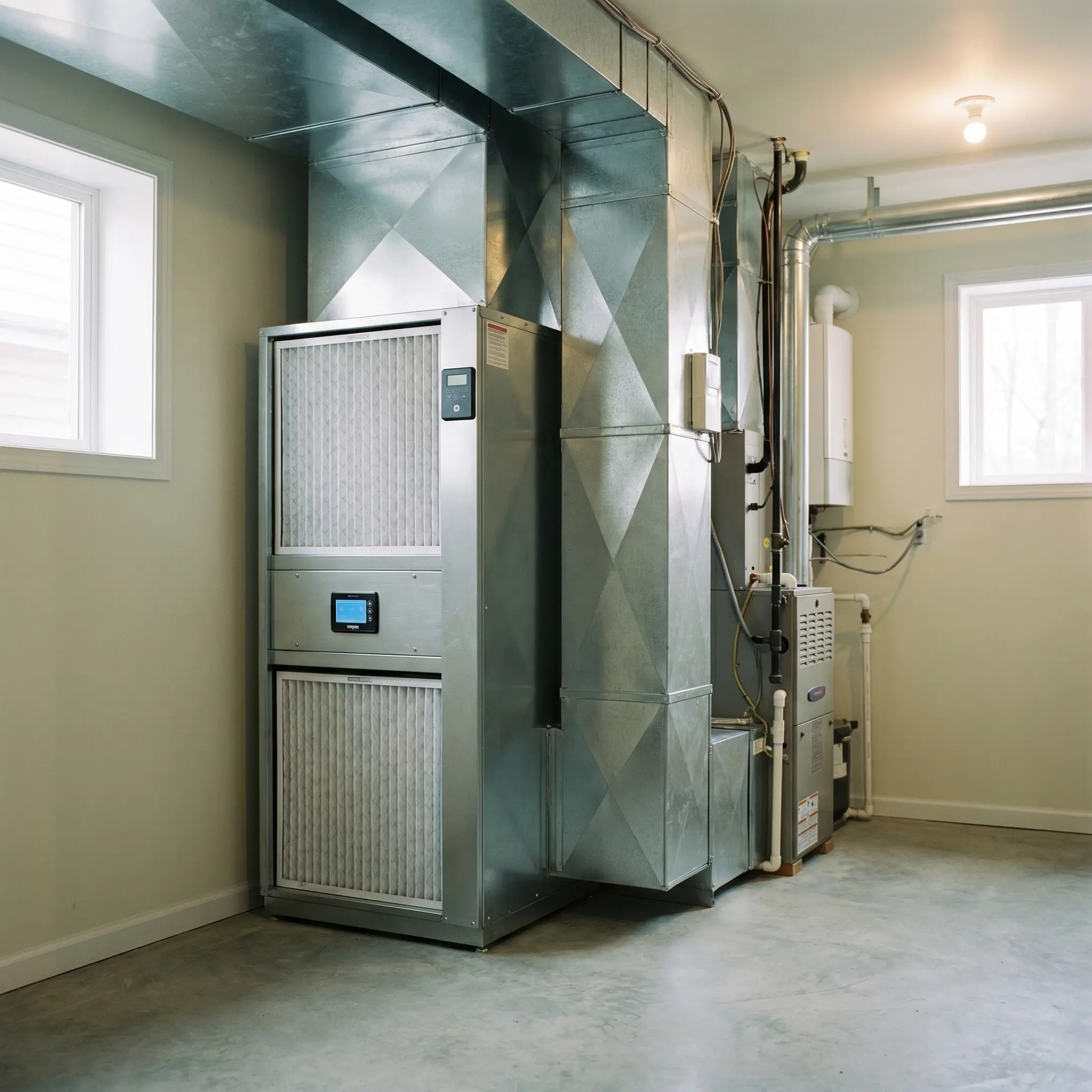 Gas furnace and metal ductwork installed in a home utility room
