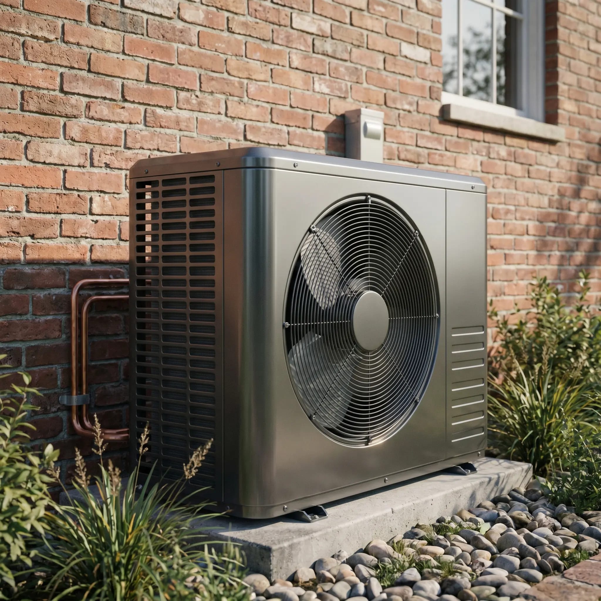 Modern outdoor heat pump unit installed beside a brick home