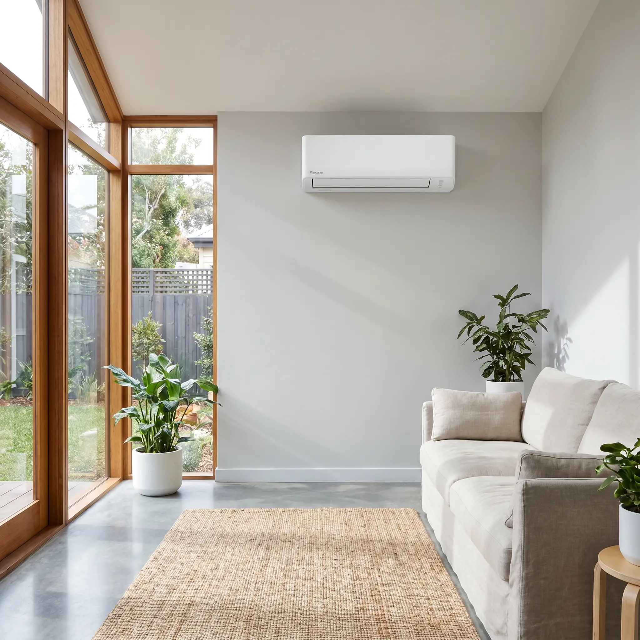Wall-mounted ductless mini-split head cooling a bright living room