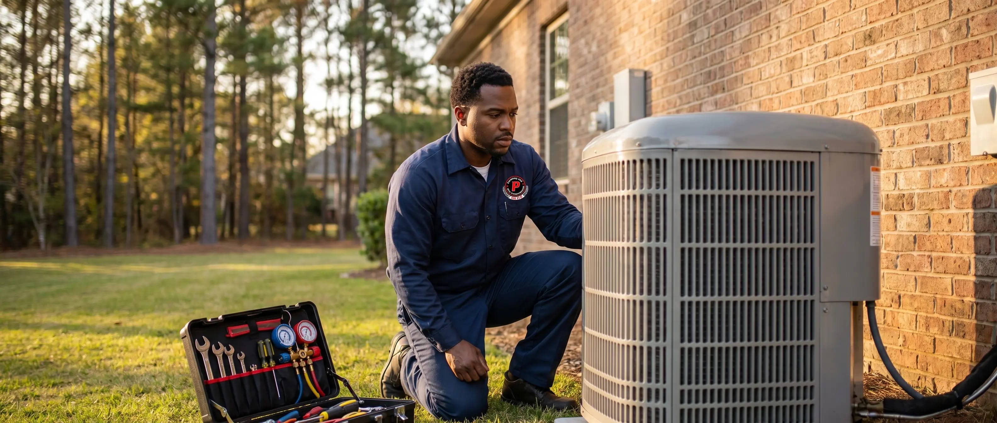 Pharr Heating and Air Conditioning technician working on an outdoor AC unit at a Metro Atlanta home