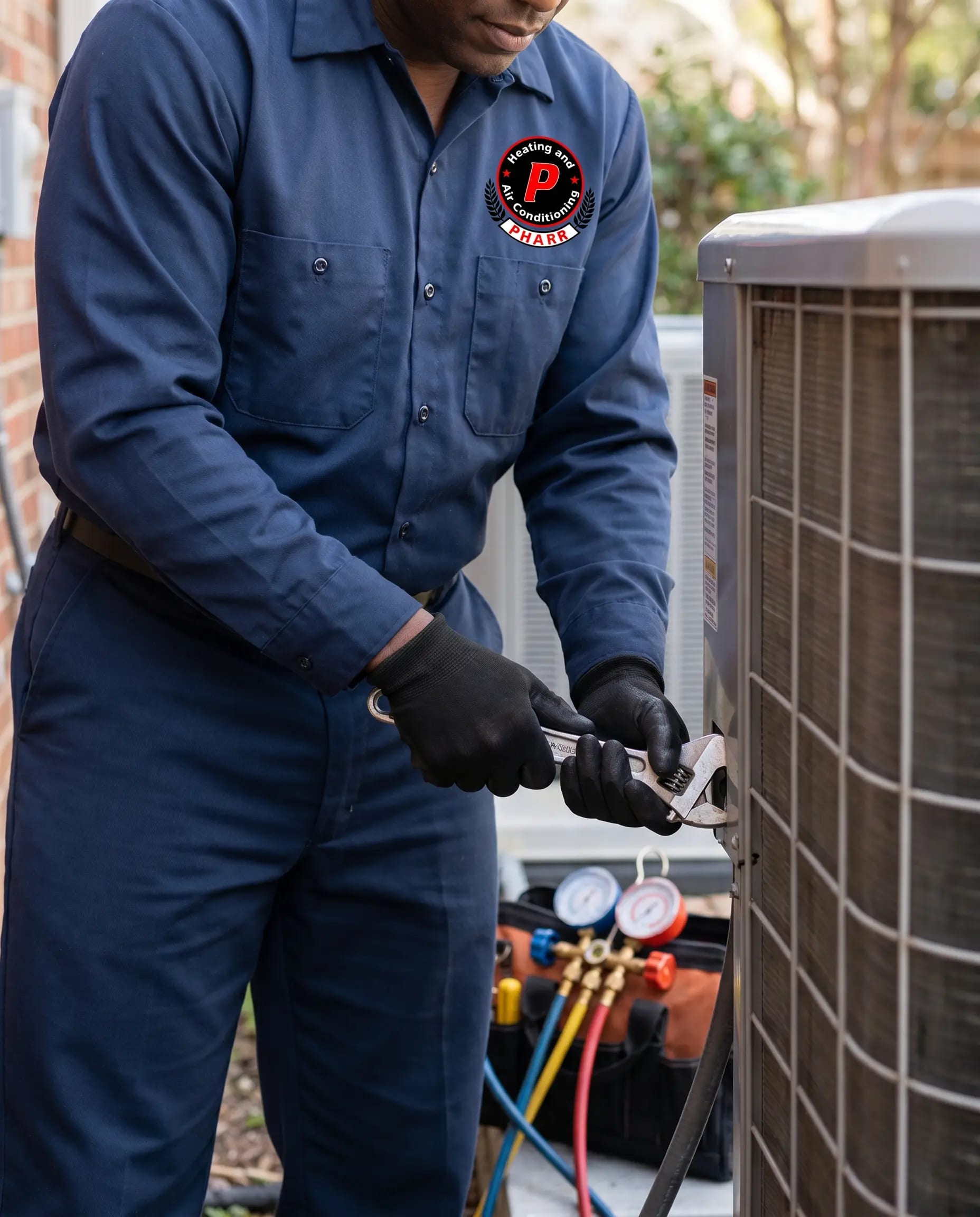 Close-up of a Pharr technician's hands servicing an HVAC unit in the field