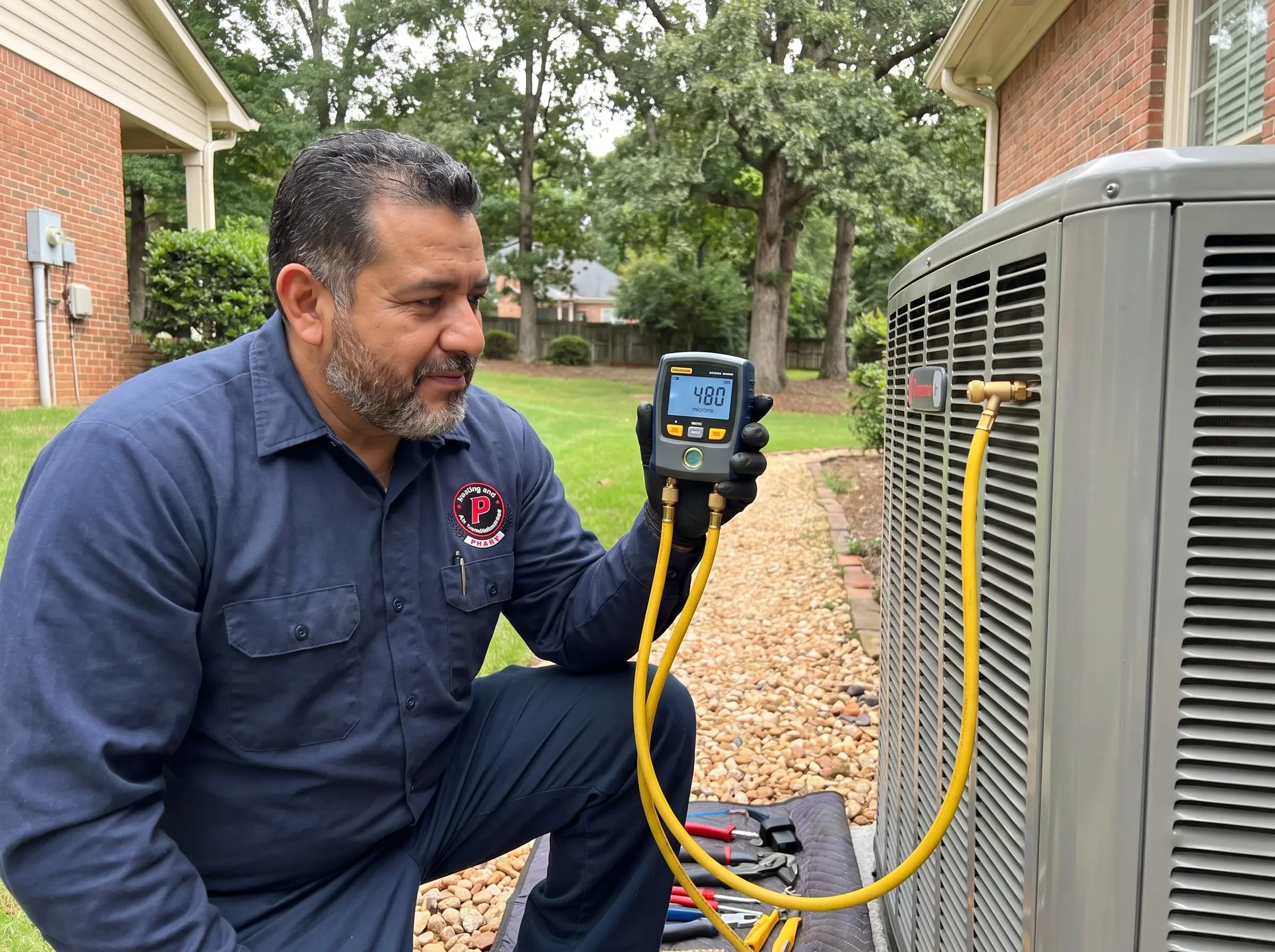HVAC technician performing seasonal AC maintenance on a residential condenser unit