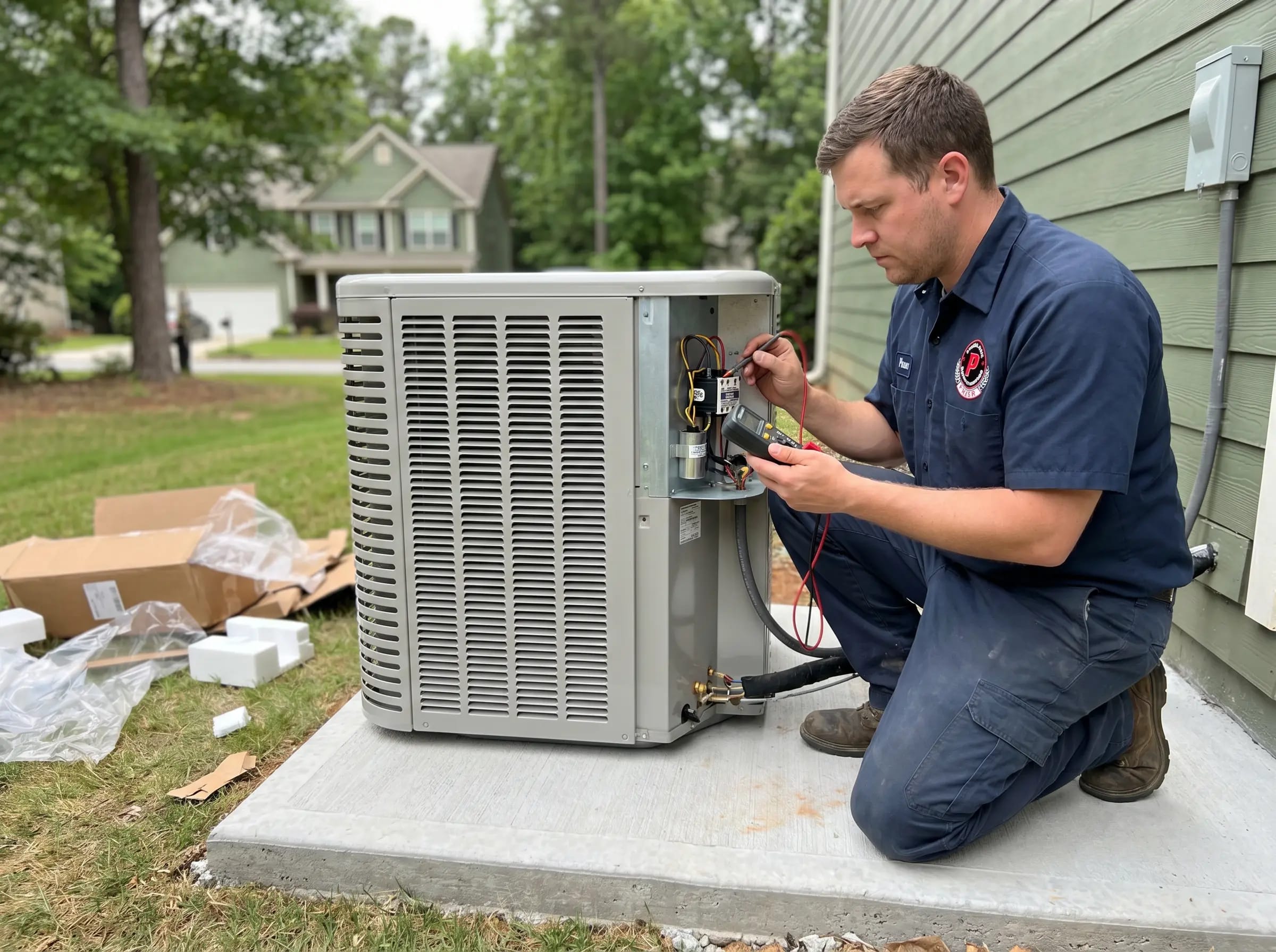 New outdoor heat pump replacement unit installed beside a Metro Atlanta home