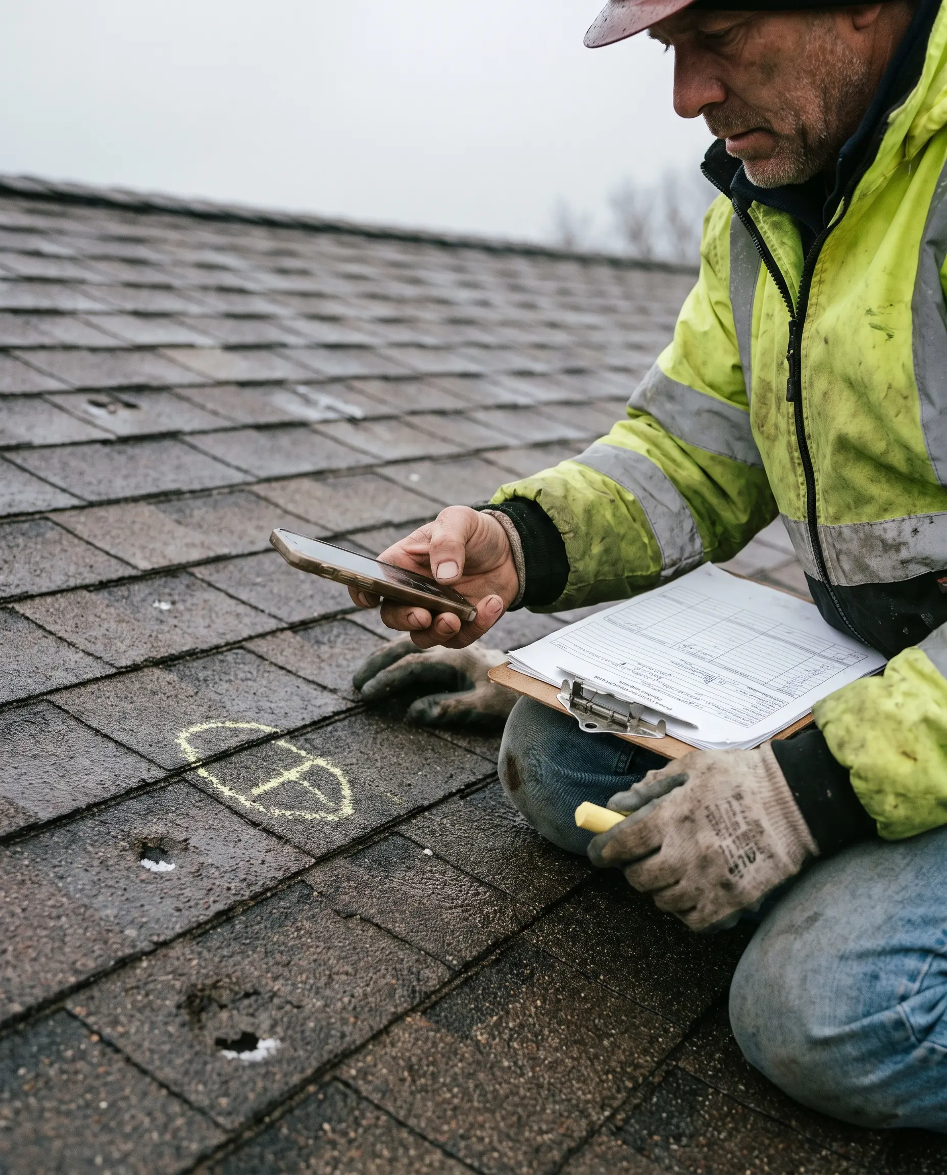 Storm damage and insurance assessment on a roof