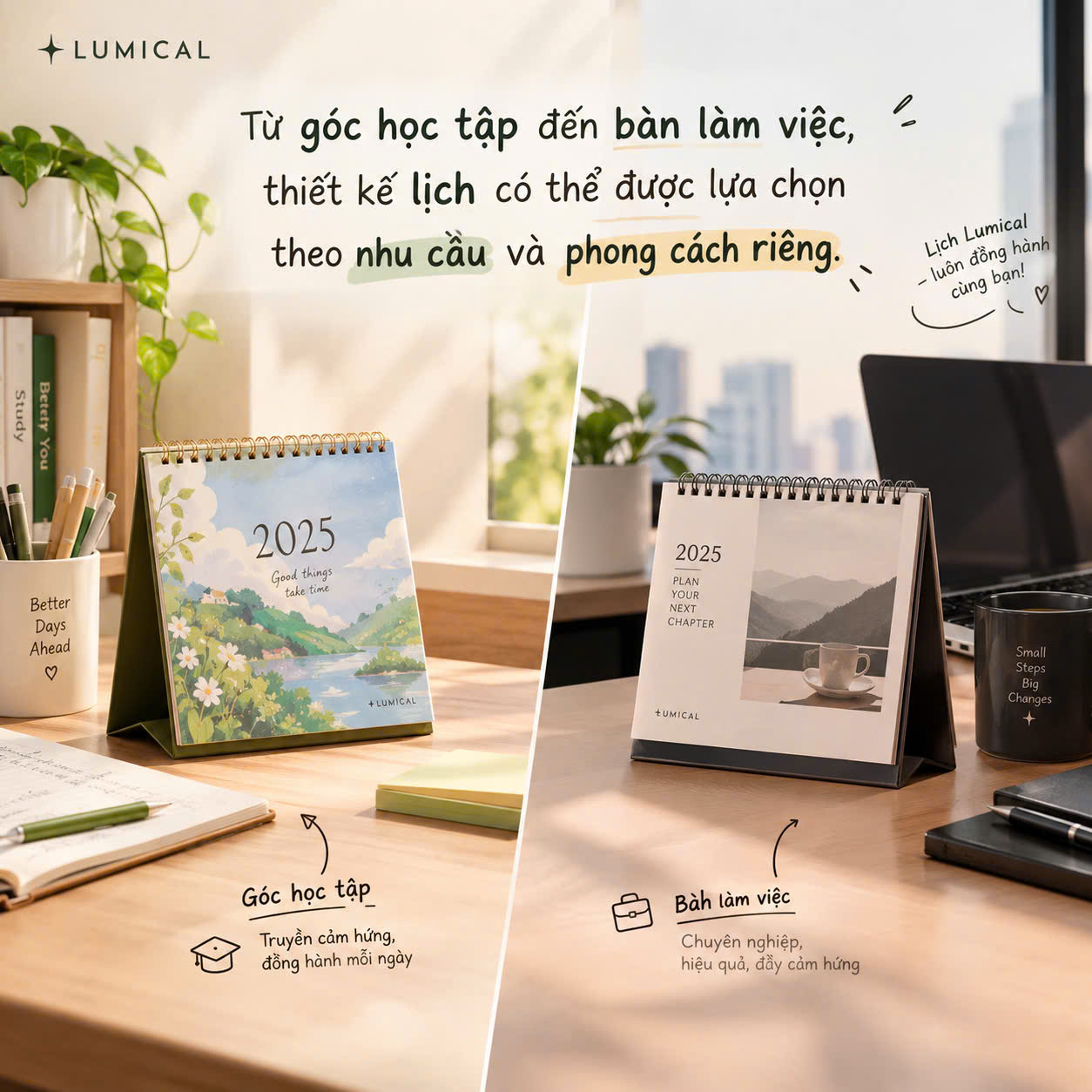 Từ góc học tập đến bàn làm việc, thiết kế lịch có thể được lựa chọn theo nhu cầu và phong cách riêng.