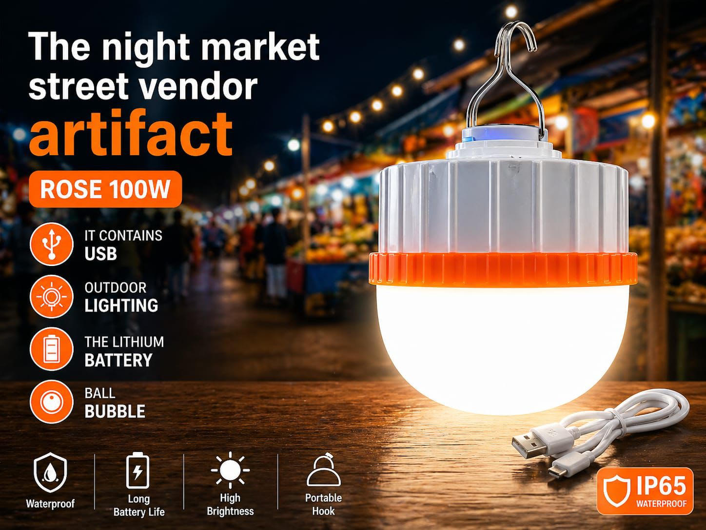 100W High Brightness LED Light - Rechargeable, USB, IP65 — built for night markets & vendors.