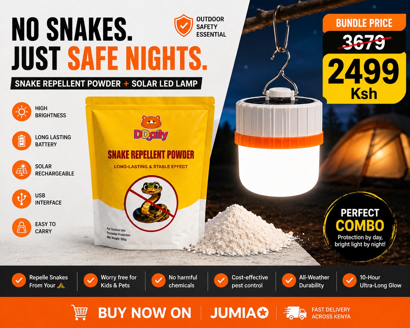 Daily Camping Protection kit - snake Repellent Powder+ Solar LED Lamp 1
