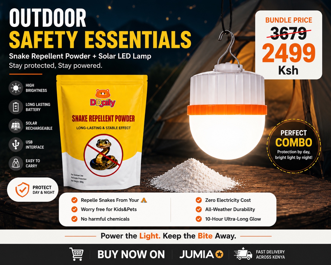 Daily Camping Protection kit - snake Repellent Powder+ Solar LED Lamp 2