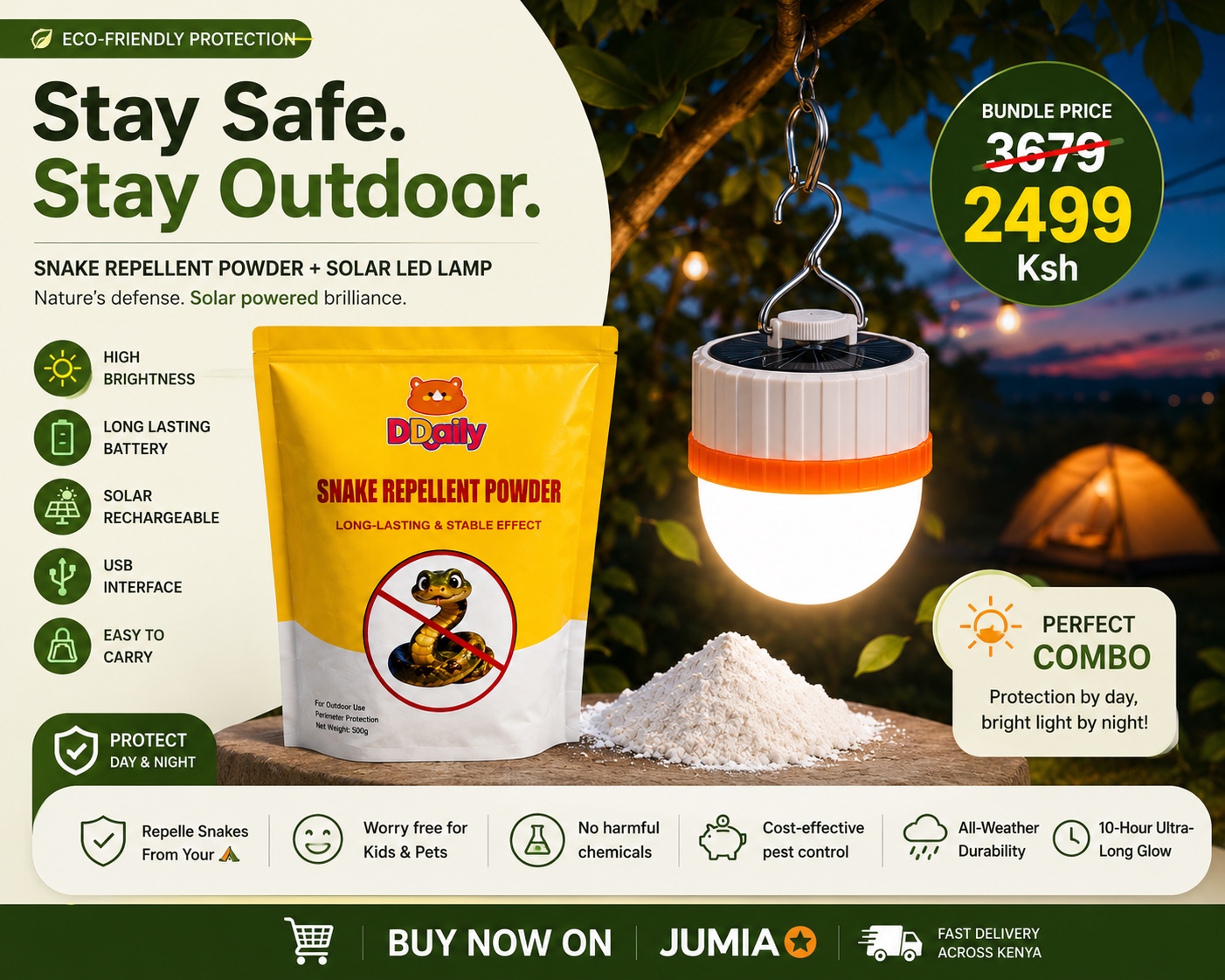 Daily Camping Protection kit - snake Repellent Powder+ Solar LED Lamp 3