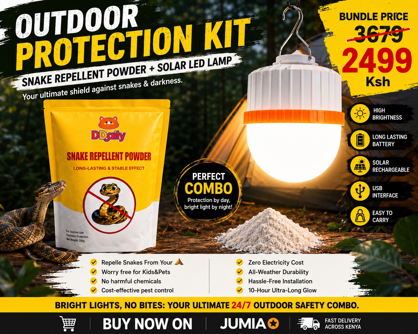 Daily Camping Protection kit - snake Repellent Powder+ Solar LED Lamp 4