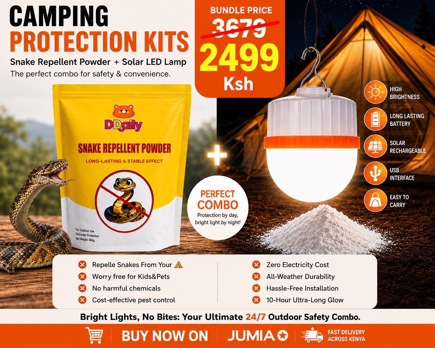 Daily Camping Protection kit - snake Repellent Powder+ Solar LED Lamp 5