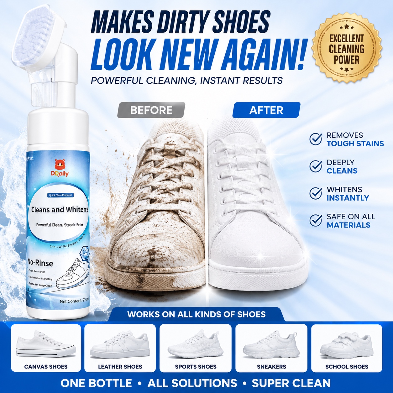 D-Daily No-Rinse Shoe Cleaner & Whitening Foam with Brush – Sneaker Cleaning Solution 1