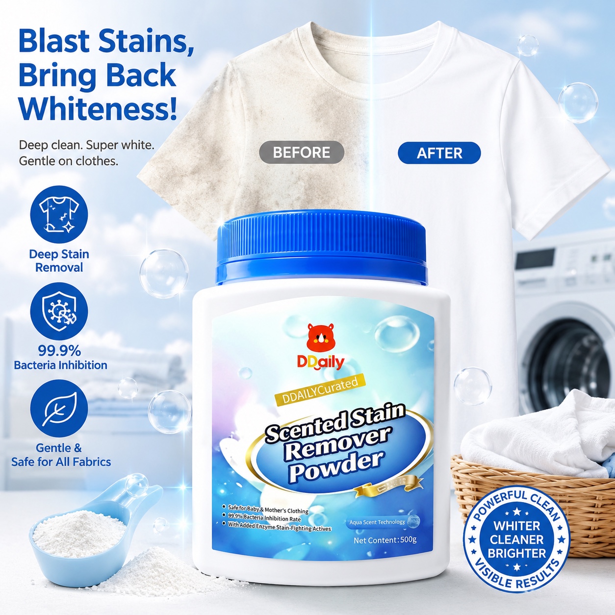 DDaily Scented Stain Remover Powder - Deep Cleaning Laundry Whitener - 500g 4