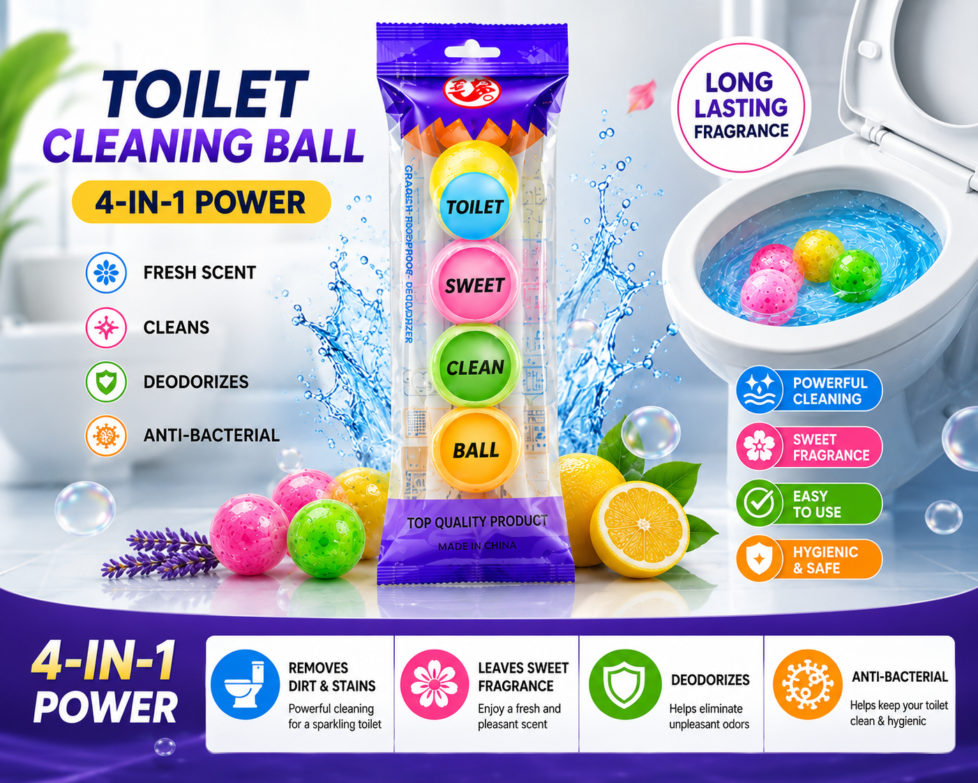 5-in-1 Toilet Cleaning Ball Freshener – Long Lasting Deodorizer & Odor Eliminator (5PCS) 1