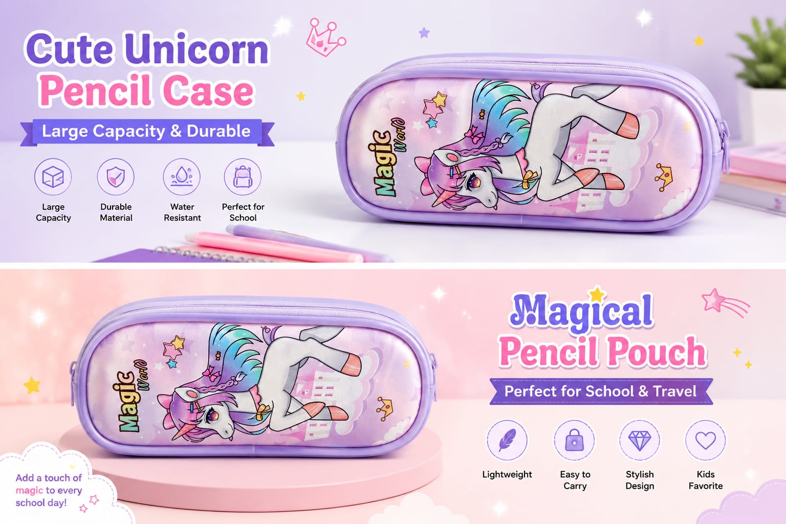 Large Capacity Unicorn Pencil Case – Waterproof Cute School Pencil Bag for Girls 3