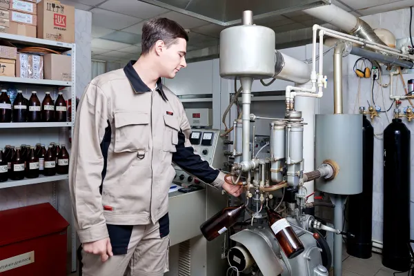 The engineer is testing the fuel to determine the knock index of gasoline by the motor method in the petrochemical laboratory  of Neftekhim-Expert