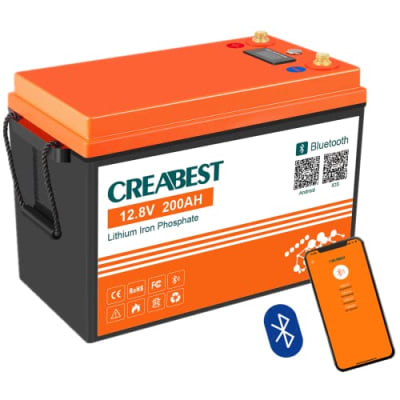 12V 200Ah CREABEST LiFePO4-Batterie, integriertes BMS Bluetooth-Funktion, Tiefzyklus-Batterie mit max. 2560W Ausgangsleistung, perfekt für Ihr Wohnmobil, Solaranlage, Wohnwagen und Off-Grid