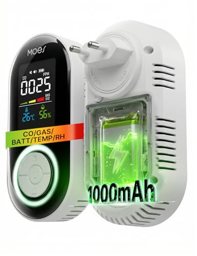 MOES 4-in-1 Gasmelder und Kohlenmonoxid Melder für Steckdose mit 1000mAh Akku, CO & Gaswarngerät (Erdgas/Propan) mit Temperatur & Luftfeuchtigkeit Display, 85dB Alarm für Zuhause und Wohnmobil