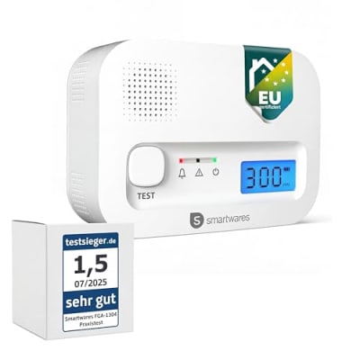 Smartwares Kohlenmonoxid melder, 10 Jahre Sensor, 1.5 Testsieger Wertung, mit Display und Testknopf - FGA-13041