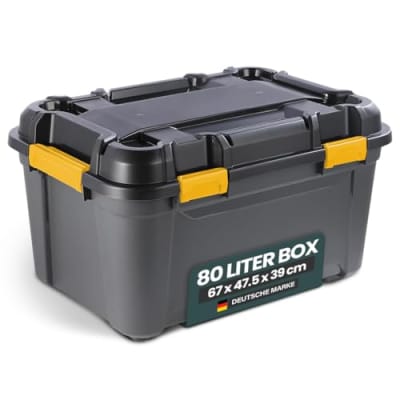 Kreher® Lagerbox Bunker Tough Aufbewahrungsbox mit Deckel und Silikondichtung (IP65/IPX7). Aus robustem Kunststoff in verschiedenen Größen. Ideal für feuchte Räume, Keller, Garage, Camping uvm. (80L)