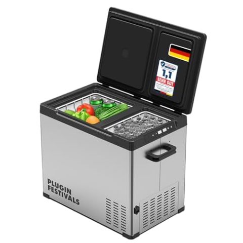 PLUG IN FESTIVALS elektrische Kühlbox - 2 Fächer Kompressor Kühlbox 12v 230v - bis -20 Grad & App-Steuerung - Gefrierbox Auto & Camping - DUAL Ice Cube elektrisch (38 Liter)