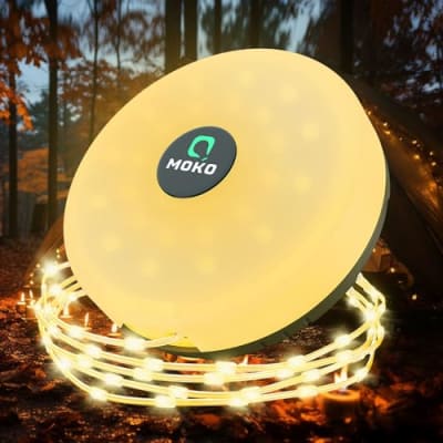 MoKo Camping Lichterkette Aufrollbar, 3-in-1 Tragbare Wiederaufladbare LED Lichterkette mit 8 Beleuchtungsmodi, wasserdichte Campinglampe Taschenlampe für Zelt Camping Hof Dekoration (10M)