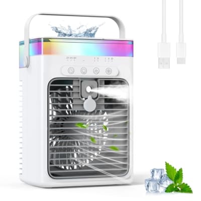 Tragbares Klimagerät, 3-in-1 Verdunstungskühler mit 3 Geschwindigkeiten & 2 Nebelmodi, 1000ml Mini Klimaanlage, USB Ventilator mit RGB Licht & Timer für Schlafzimmer Büro Schreibtisch Auto Camping