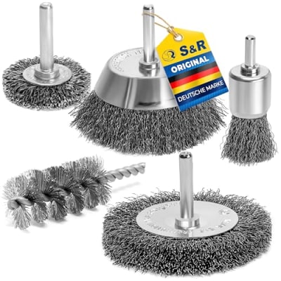 S&R Drahtbürste Set 5-teilig für Bohrmaschine, gewellter Stahldraht - Rundschaft 6mm - Abtragen und Polieren; Im Set: Scheiben-, Topf-, Pinsel- und Zylinderstahlbürste