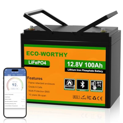 ECO-WORTHY LiFePO4 12V 100Ah Bluetooth mit 100A BMS Low Temperature Schutz und Max. 15000 Zyklens,1280Wh Lithium Batterie 12V 100Ah Autobatterie für Wohnmobil,Wohnwagen,Boot