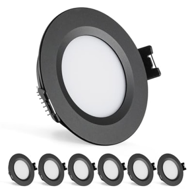 Gr4tec 6er Set 12V LED Einbaustrahler Schwarz, 3W Alu LED Spot Dimmbar Warmweiß 3000K 240LM, Möbeleinbauleuchte 12mm Flach, Loch 58-62mm, IP44 Einbauspot für Boot Wohnwagen Wohnmobil Kleiderschrank