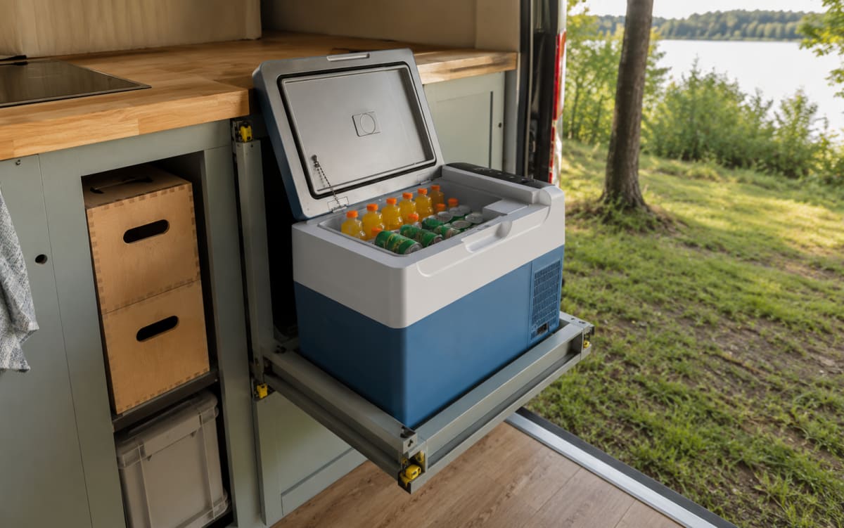 VEVOR 22L Kompressor-Kühlbox ausgezogen im Camper-Küchenblock, gefüllt mit Getränken, mit Blick auf den See