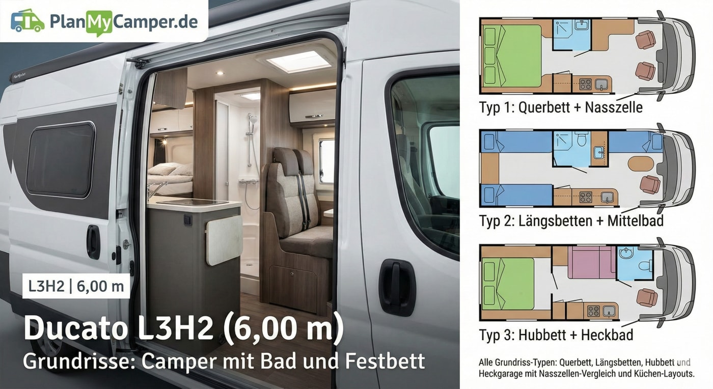 Ducato L3H2 (6,00 m) Grundrisse: Camper mit Bad und Festbett