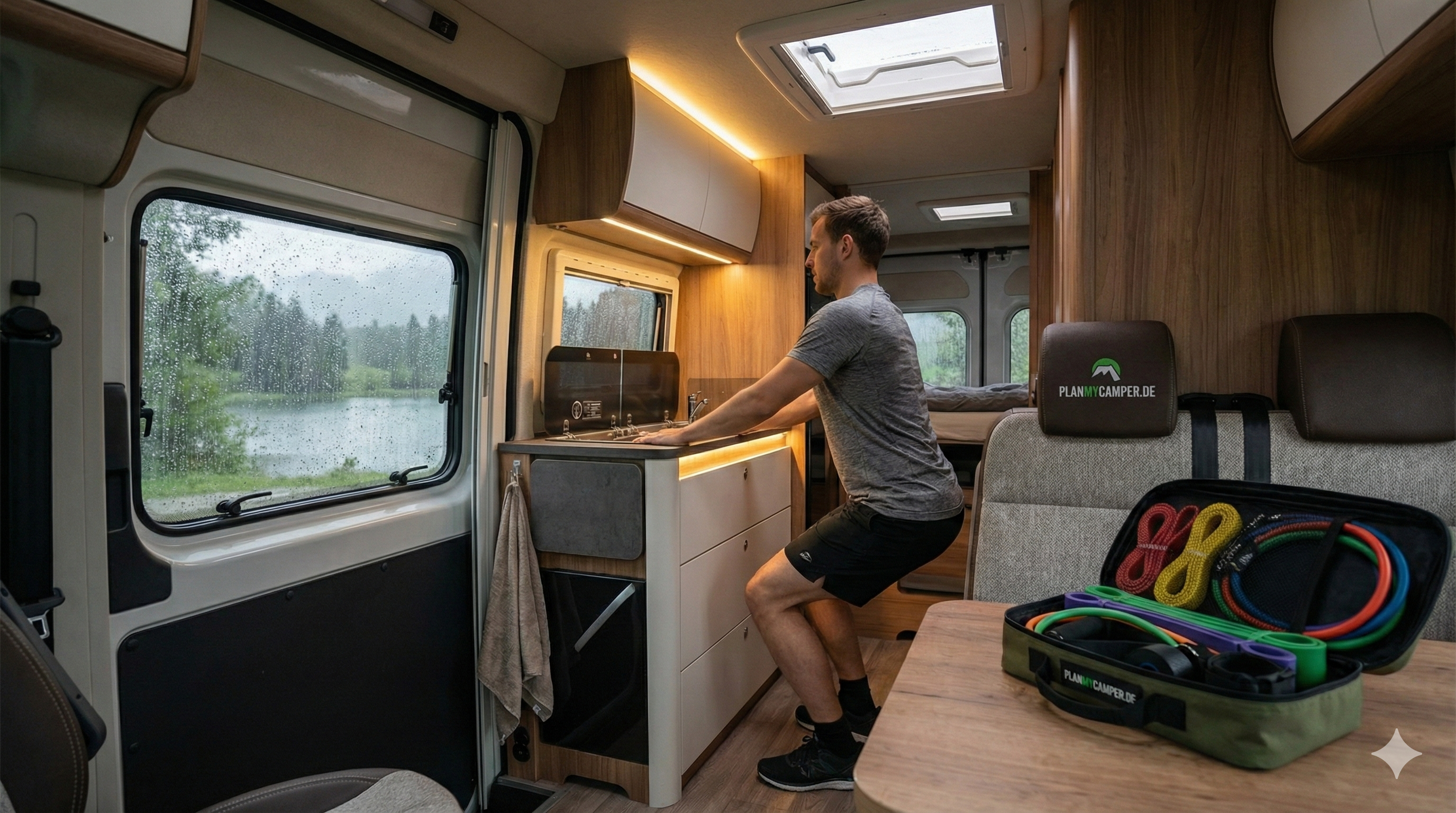 Indoor-Workout im Wohnmobil bei schlechtem Wetter