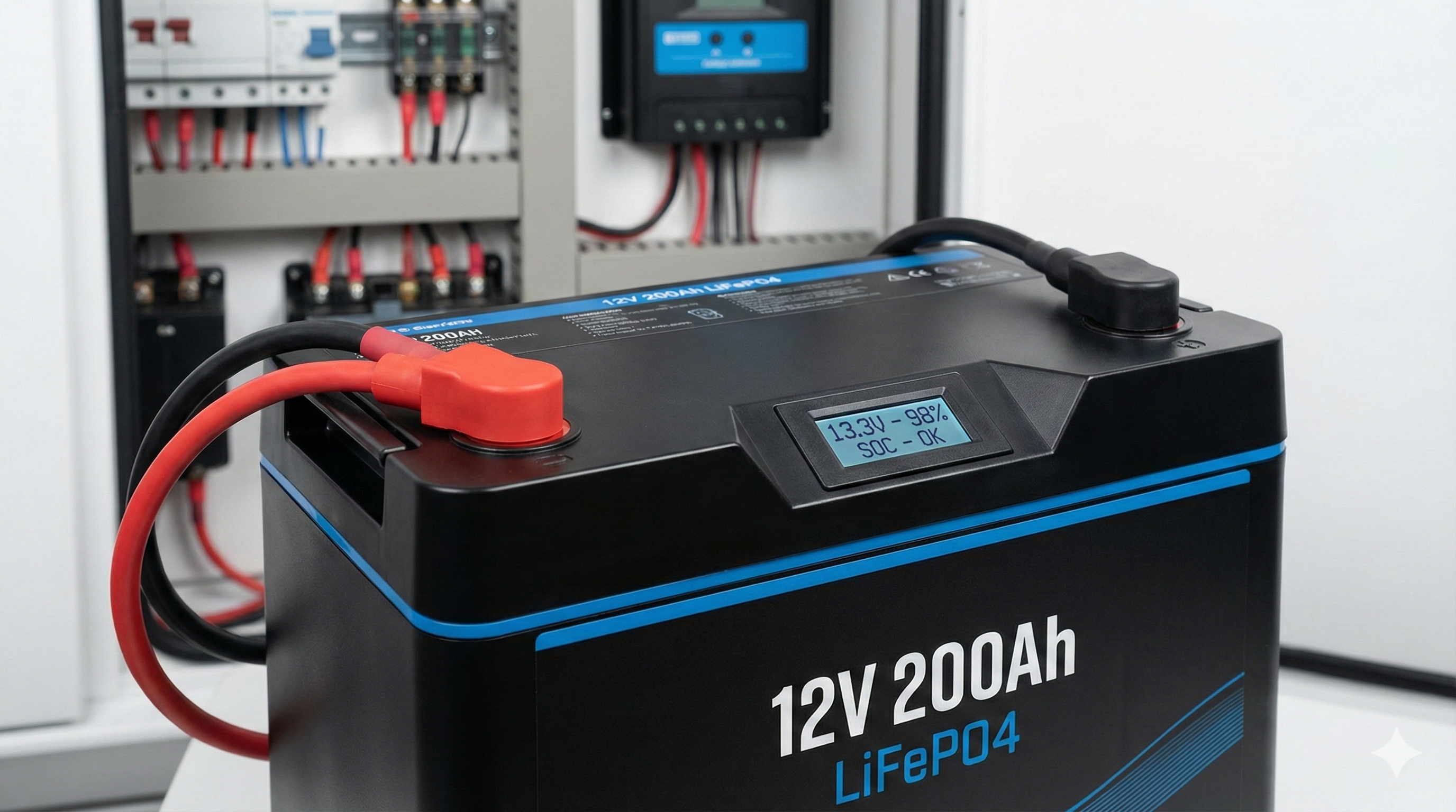 Nahaufnahme einer LiFePO4 Batterie mit BMS Anzeige für Wohnmobil Stromversorgung.