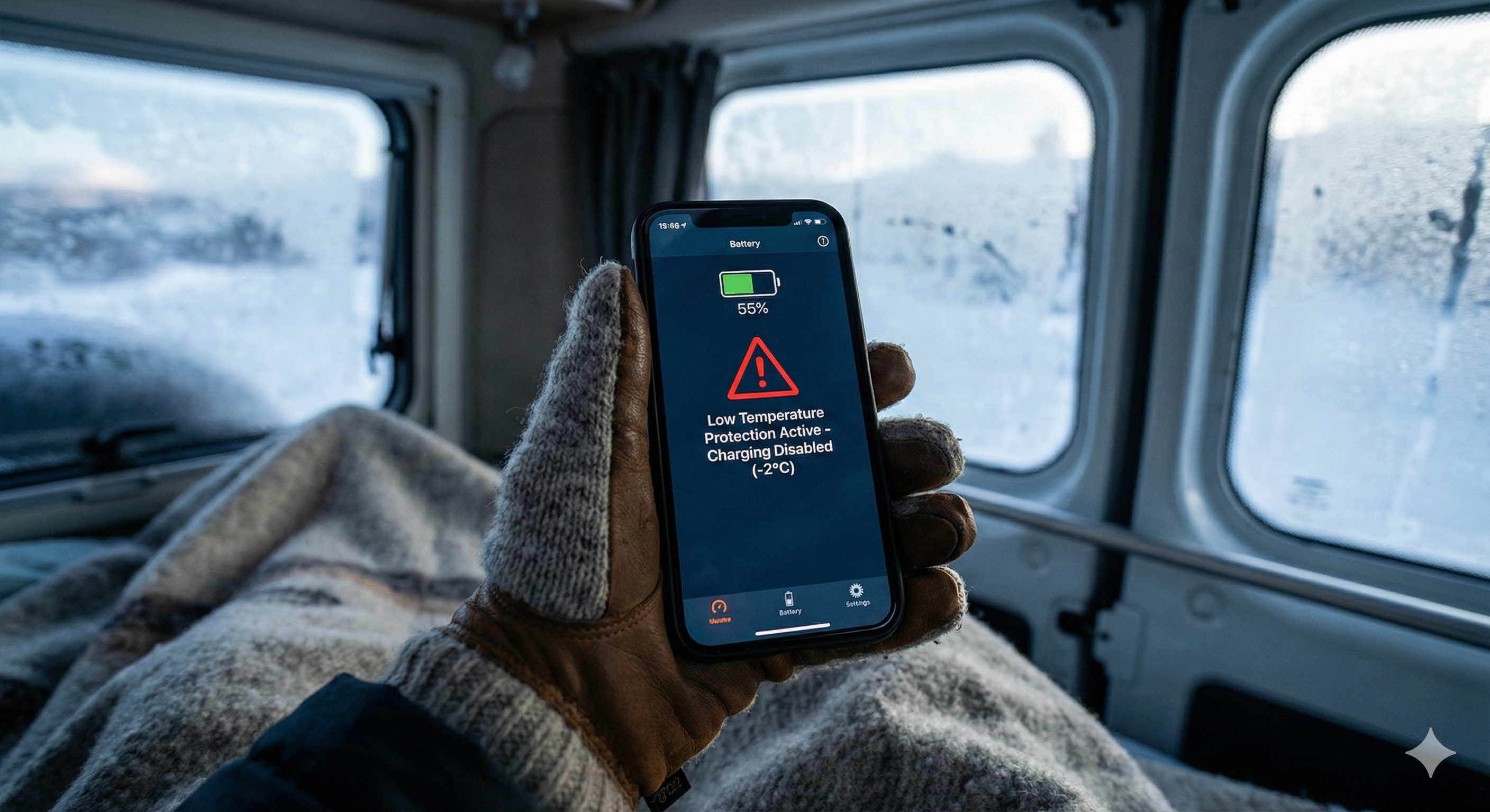 Smartphone App zeigt Kälteschutz-Warnung für LiFePO4 Batterie im Winter-Camping an.