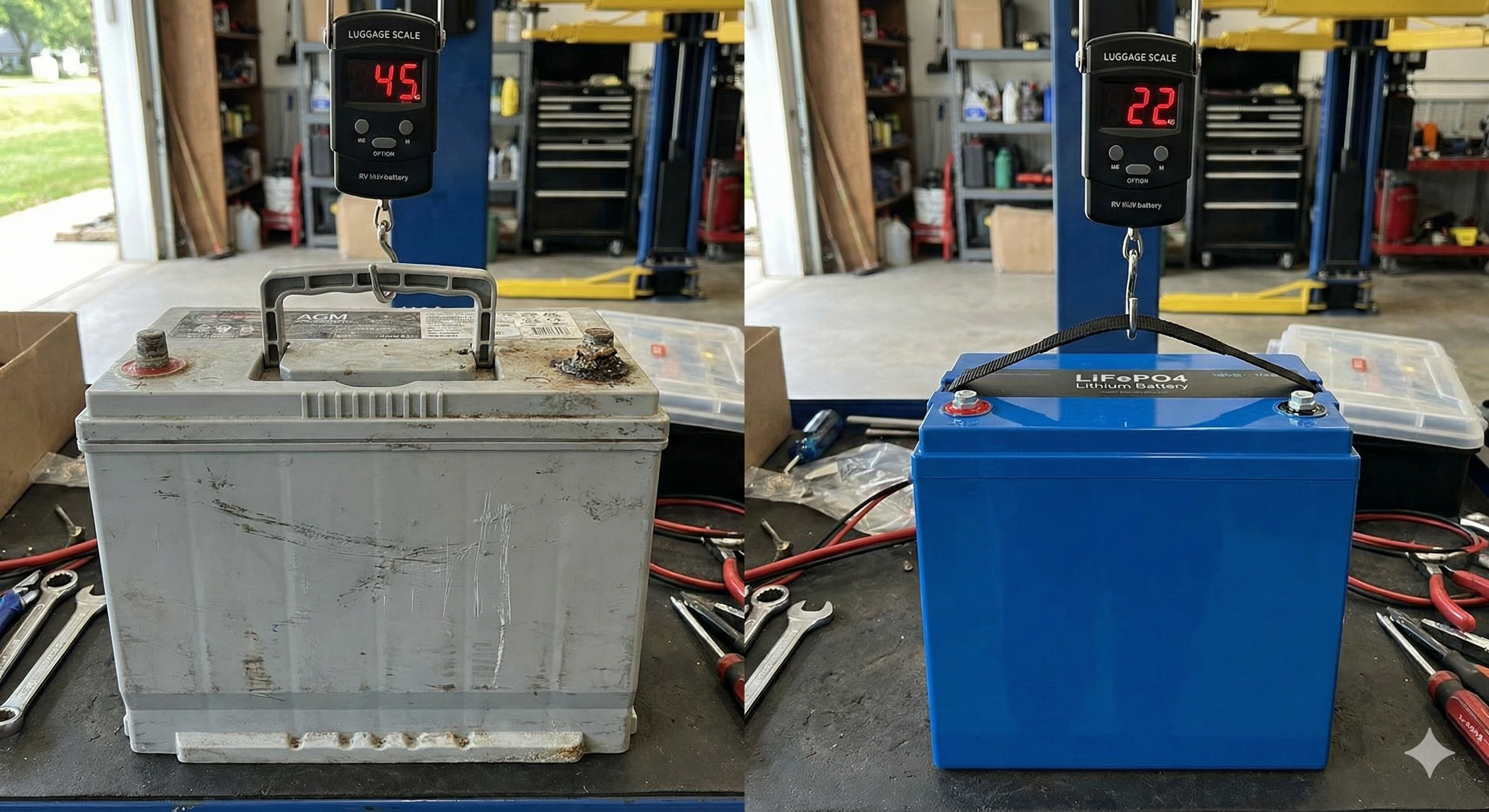 Direkter Vergleich: Schwere AGM Batterie neben leichter LiFePO4 Lithium Batterie im Wohnmobil.