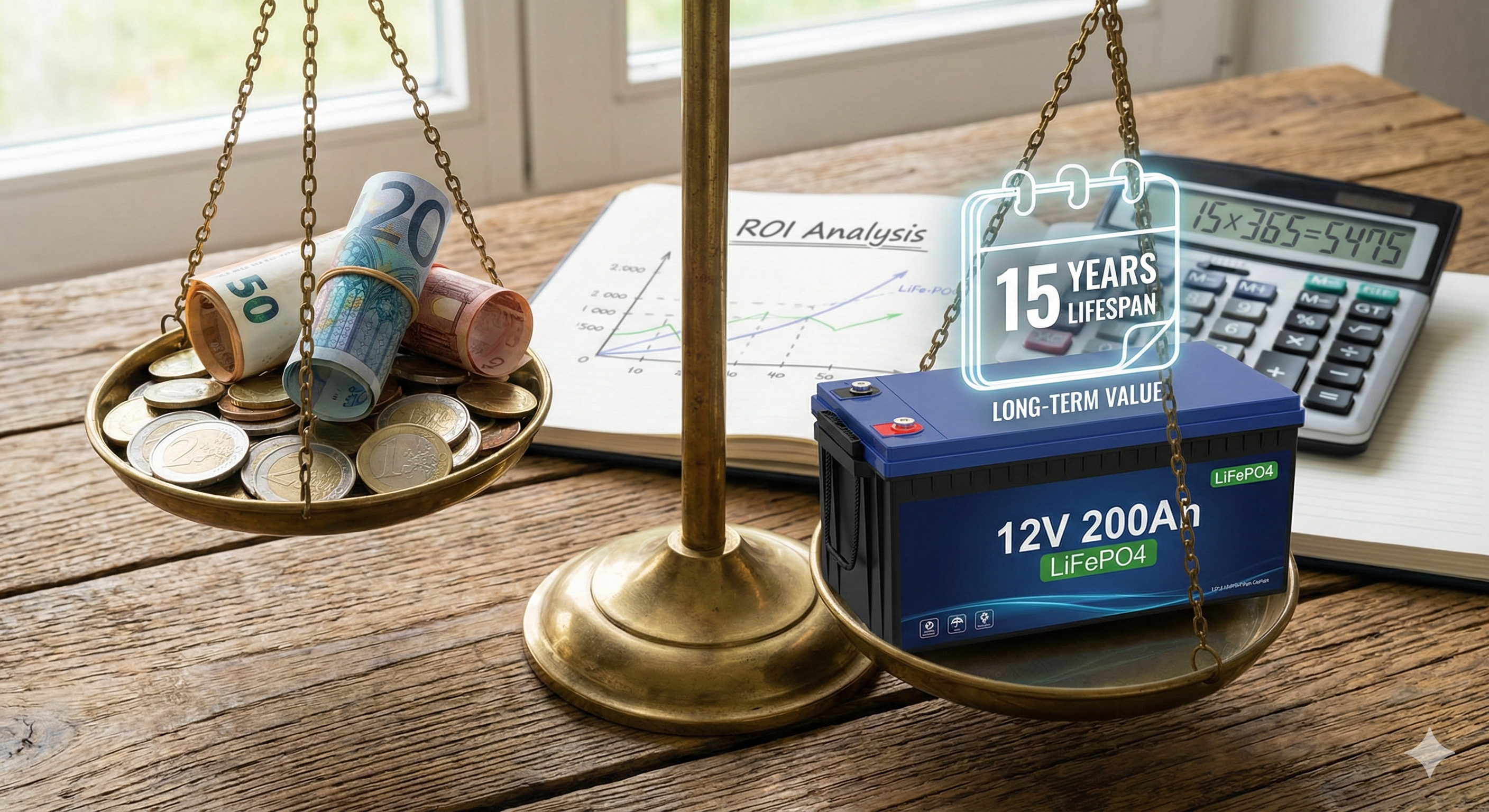 Konzeptbild zur Kosten-Nutzen-Analyse: Geldstapel neben einer langlebigen LiFePO4 Batterie.